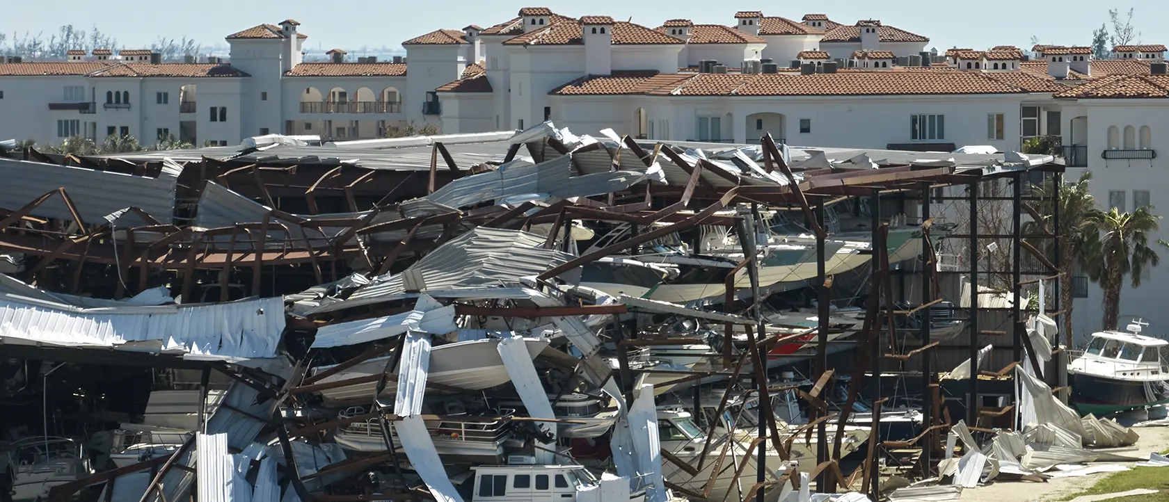 Boat storage warehouse destroyed by a hurricane in Florida.